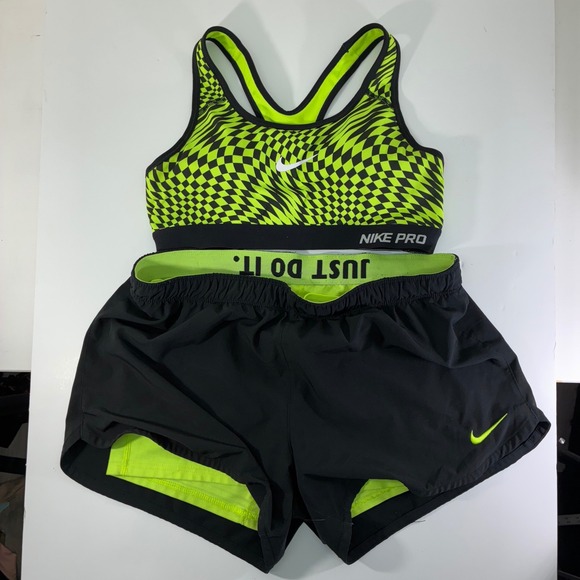 Nike Pro Women's Sports Bra & Running Shorts Set Neon Checkered Black Size M - Picture 7 of 7